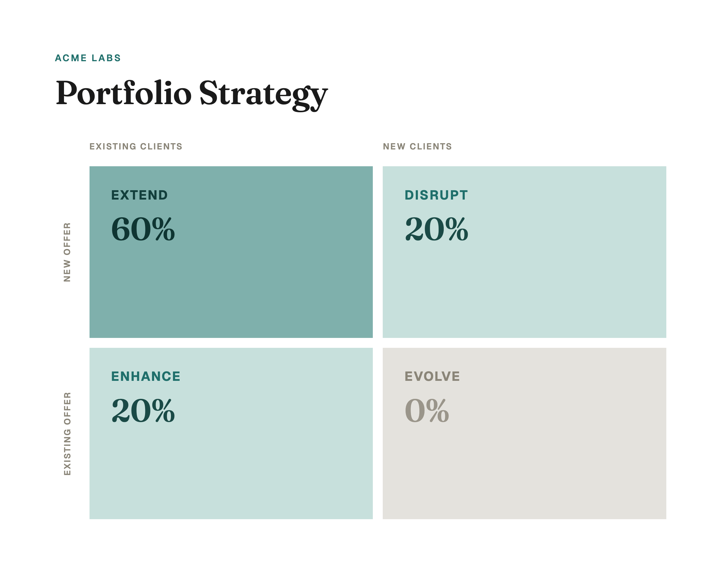 A 2x2 portfolio matrix (Extend 60%, Disrupt 20%, Enhance 20%, Evolve 0%) across existing and new offers and clients.