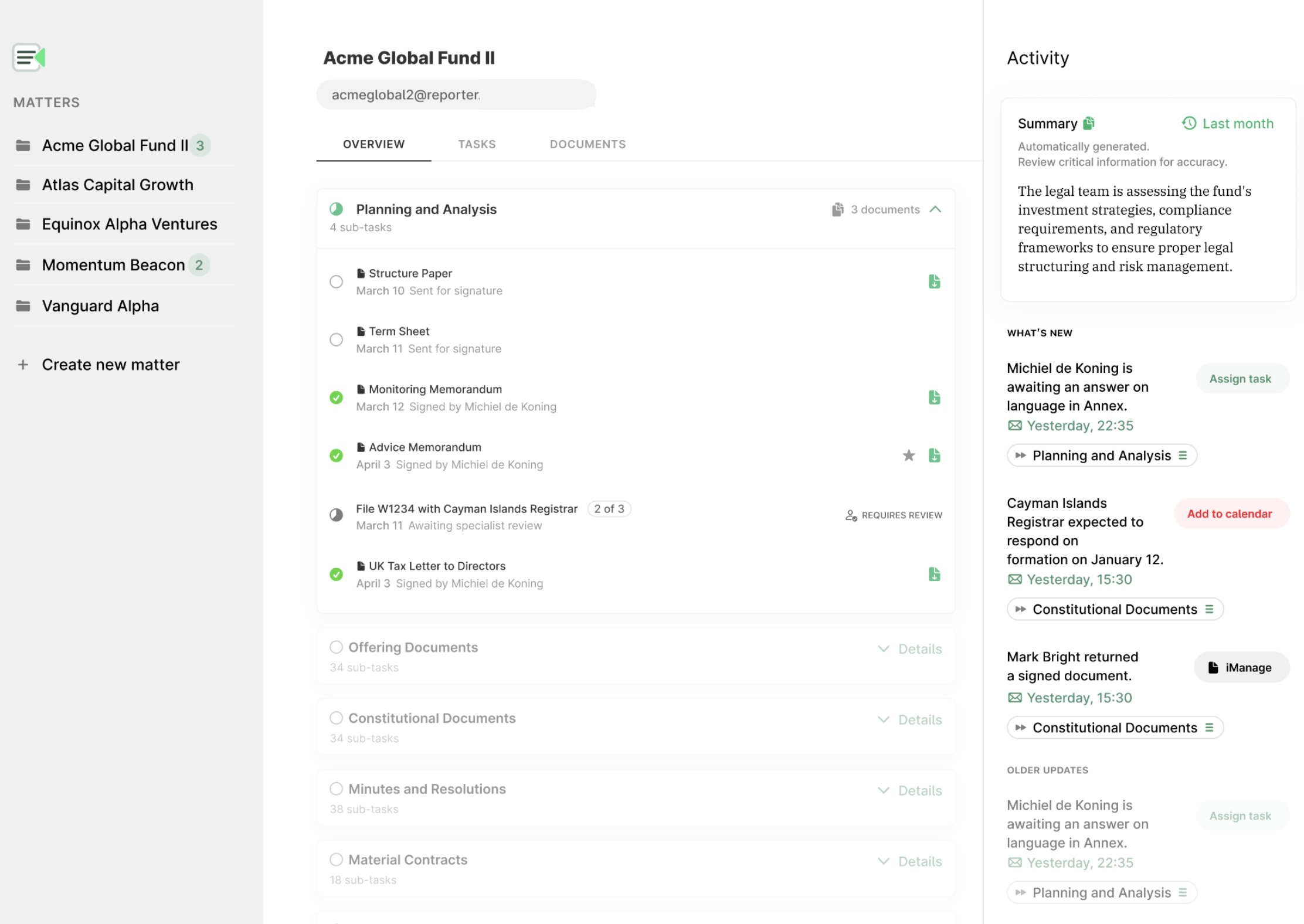 A deal-management dashboard for Acme Global Fund II, showing a document task list (structure paper, term sheet, memoranda) and an activity feed of updates.