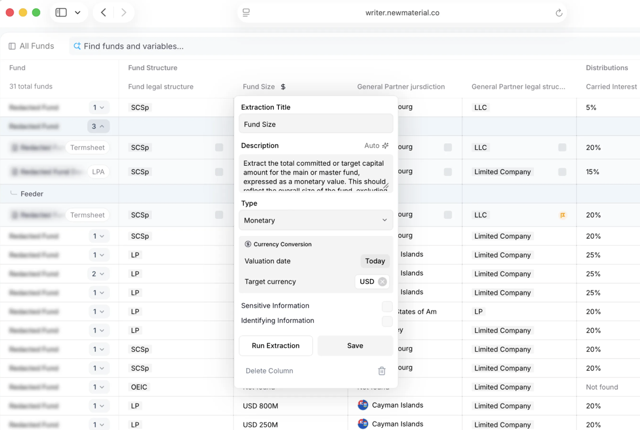 The drafting tool: a table of 31 funds with an extraction panel configuring how a "Fund Size" monetary value is pulled from fund documents.