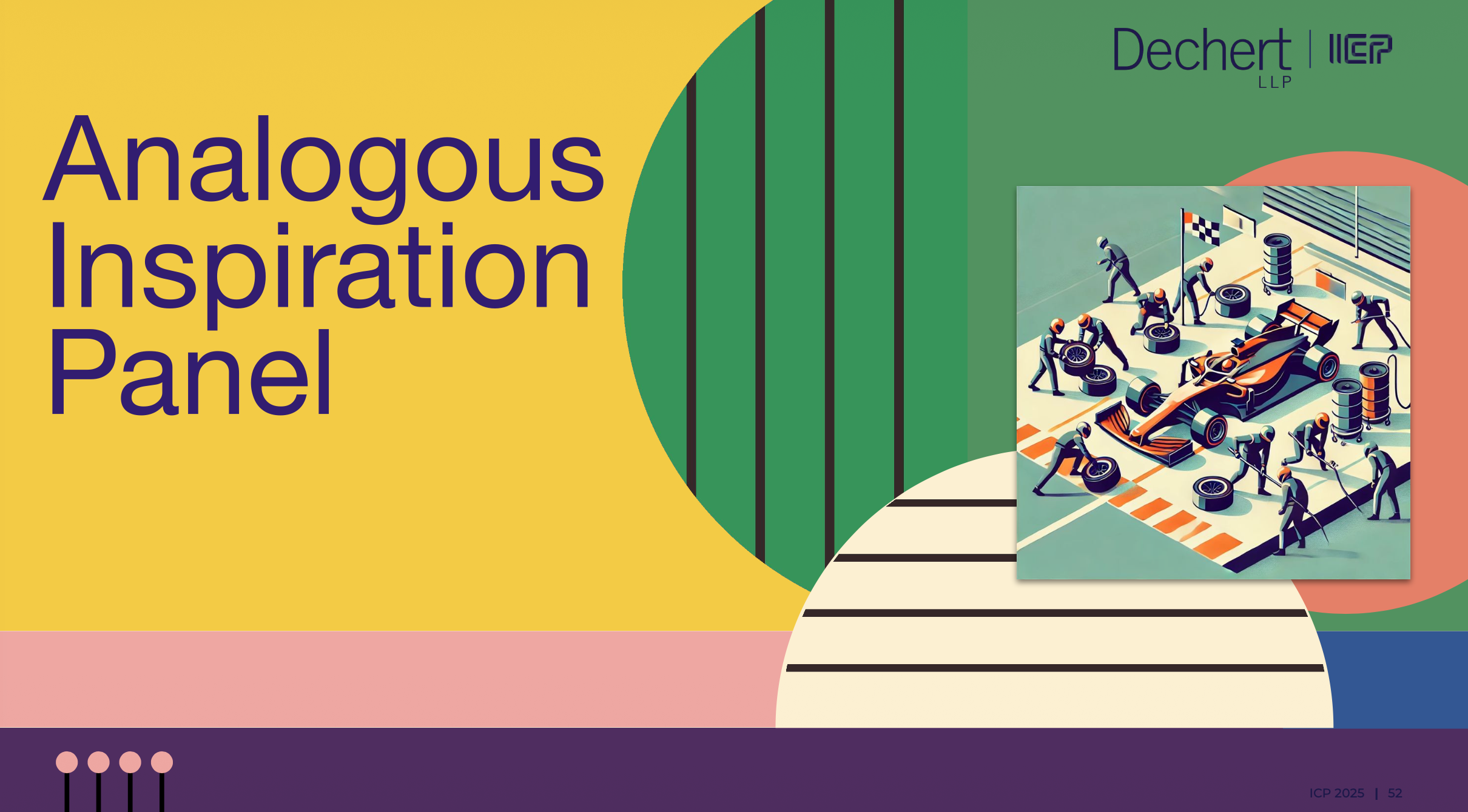 An "Analogous Inspiration Panel" slide with an illustration of a Formula 1 pit crew servicing a race car.