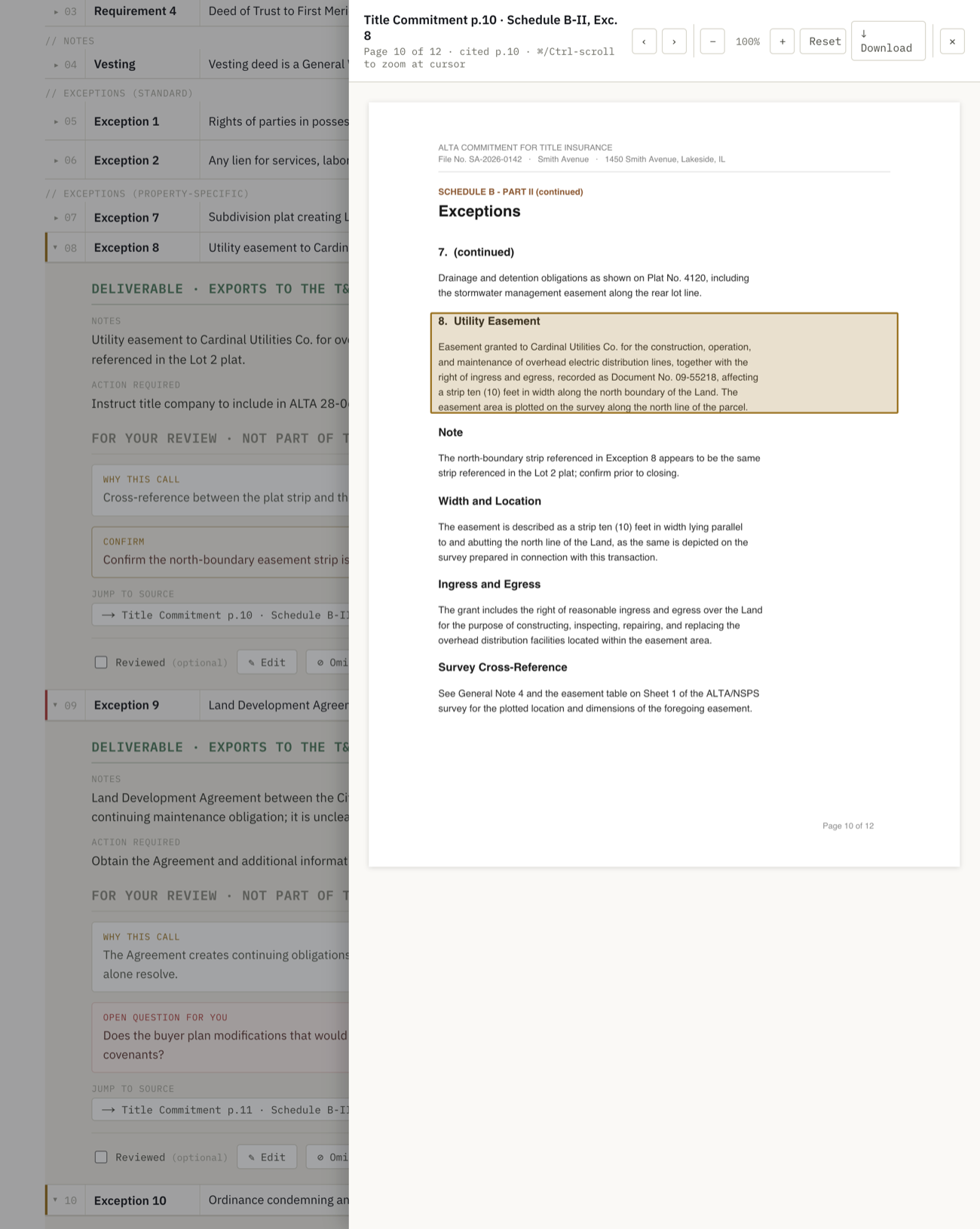 Every finding links to the exact page and region it was drawn from.